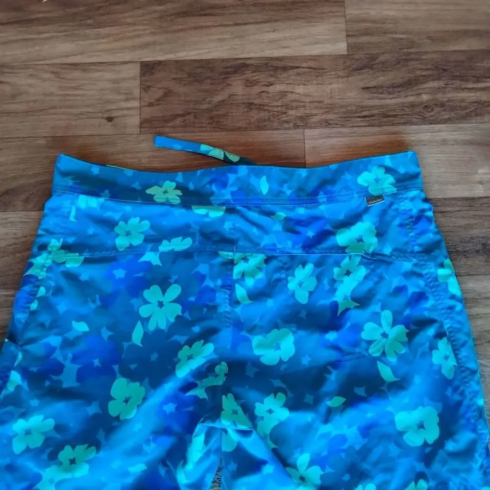 Cabela's‎ Mens Large Board Shorts Surf Swim Trunks Blue Tropical Flowers Tiki